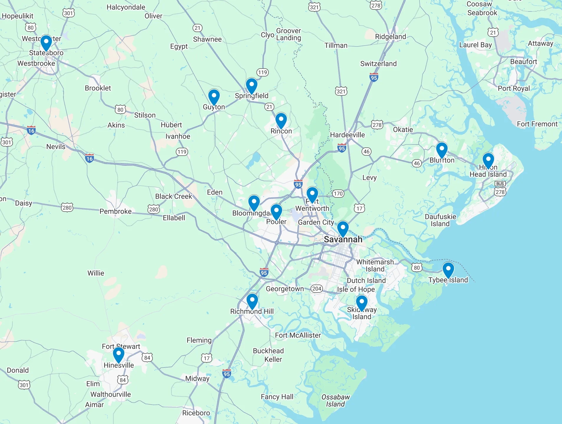 Tru-Steam service area map showing coverage in Savannah, Rincon, Pooler, Richmond Hill, Tybee Island, Hilton Head, and surrounding areas